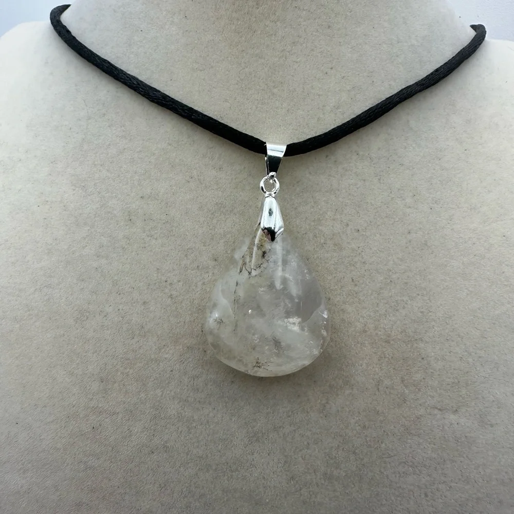 Dendritic Quartz Teardrop Pendant Necklace on Black Satin Tope